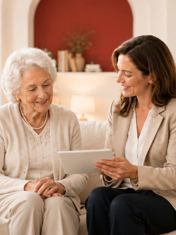 An advisor meeting with an older woman over tea
