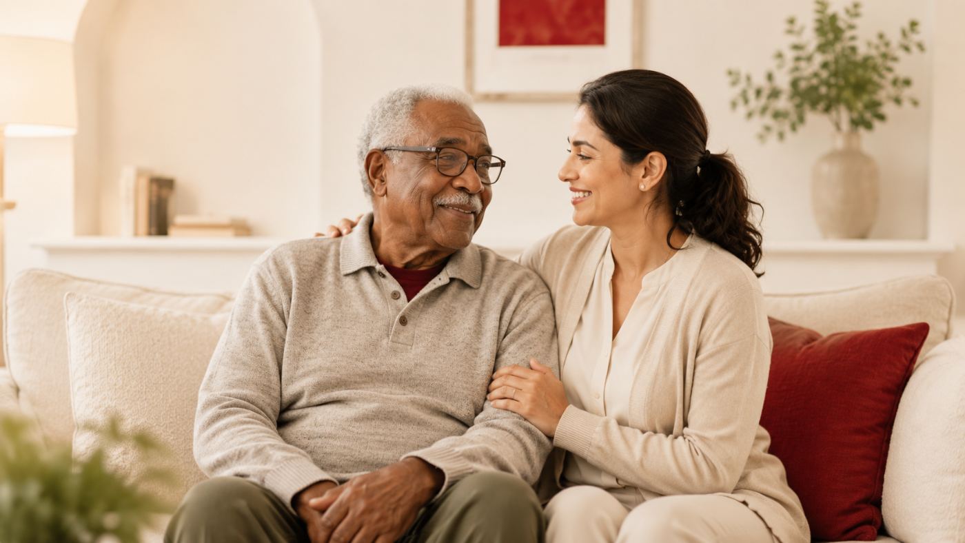 An adult daughter sitting with her father at home